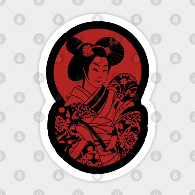 Japanese classic geisha red and black Sticker by Ravenglow